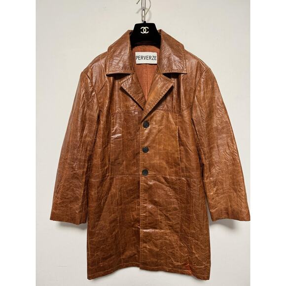 Perverze Jacket Womens Medium Brown Faux Leather Long Coat Button Up Retro Look - Picture 1 of 16